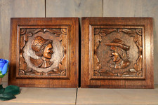 French Antique PAIR Breton Man Woman Carved Wood Panel Architectural Salvaged