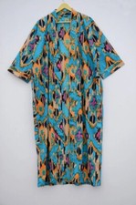 Robe Kimono En Coton De Nuit Indienne Longue Turquoise Imprimé IKAT