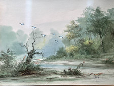 Peinture, Aquarelle, FLORIEL?? à identifier, paysage de marais et vol de canards