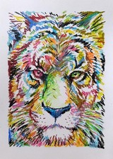 Félin multicolore Dessin craie grasse huile A4 Art fauvisme animaux pop art 2025
