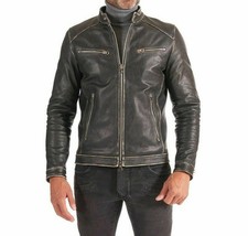 Blouson moto homme cuir véritable frotté noir vieilli manteau motard vintage