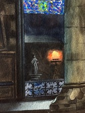 Ancien dessin Intérieur d'Église Cathédrale de Chartres Vitraux Gothique DELPARD