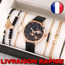 Montre Papillon + 5 Bracelets Femme Analogique Bijoux Mode Cadeau Mode Cuir