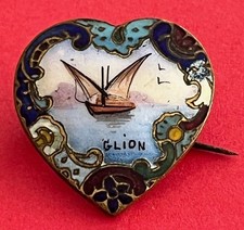 Ancienne Broche Émaillée Bateau Signée GLION - Broche En Coeur Cloisonnée