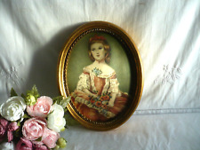 Ancien cadre ovale impression sur soie jeune fille enfant cadre doré 27,5/22cm