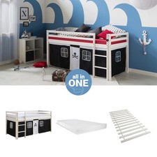Lit superposé 90x200 Matelas d'enfant mezzanine Lattes Rideau Pirate Homestyle4u