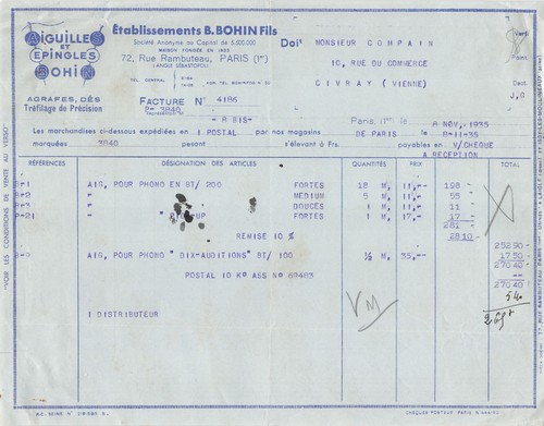 Facture 1935 ets bohin - 1935,