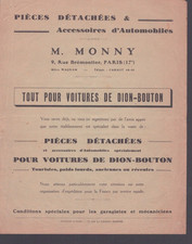 PARIS (XVII°) AUTOMOBILE DION-BOUTON / Pièces détachées "M. MONNY" Tract 1920