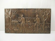 ANCIEN TABLEAU CUIVRE REPOUSSE SCENE AFRIQUE CHASSE ART AFRICAIN SIGNE ANDALA