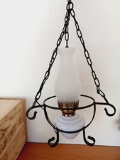 Lustre suspension luminaire fer forgé noir laiton opaline et verre dépoli