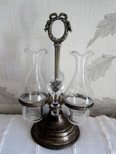 Huilier vinaigrier Ancien en métal Argenté fin XIXème burettes en cristal gravé