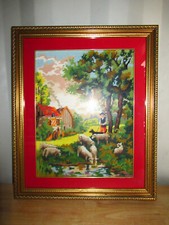TABLEAU VINTAGE TAPISSERIE CANEVAS BERGER ET SES MOUTONS-CADRE EN BOIS DORÉ