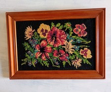 Needlepoint Art Vintage Floral Pansies on Black Decor Framed Art France 27x38 cm