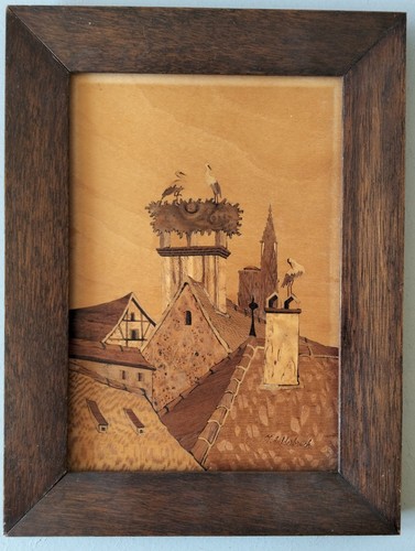 Tableau marqueterie signé - marqueterie,