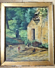 Tableau ancien huile toile signée paysage animé poules coq fin XIXe ferme forêt