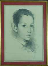 Tableau ancien rare dessin portrait de jeune garçon Manolo Ruiz Pipo 1958 Agen