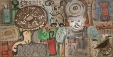 Ancien Beau Tableau peinture HSC Art Brut Scène Repas Surréaliste 