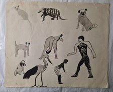 Dessins à l'encre des années 30 "Art Déco"  animaux divers 48cm x 58cm .