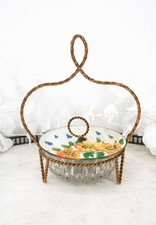 Sucrier ou bonbonnière en verre vintage portant en métal doré