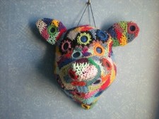 papier mâché tête Cochon Patchwork laine création artisanale  made in France