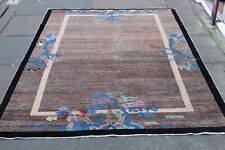Tapis Oriental Chinois Art Déco En Laine Gris Beige Fait Main Vintage 234x151cm