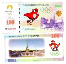 FRANCE BILLET 100 COMMEMORATIVE JEUX PARIS 2024 OLYMPIQUE GAMES MASCOT +UV LIGHT