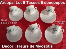 ARCOPAL FRANCE Vintage Lot 6 TASSES   6 soucoupes Décor Fleurs VERONICA Myosotis