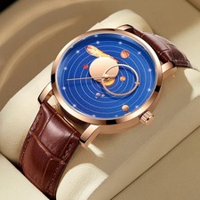 Montre Homme Cuir Aiguilles Système Solaire Mouvement Planètes Ronde LIGE