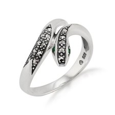 Art Nouveau Style Rond Émeraude & Marcassite Serpent Bague 925 Argent Sterling