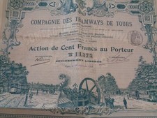 1898  ACTION EMPRUNT COMPAGNIE DES TRAMWAYS DE TOURS MACHINE A VAPEUR LOCOMOBILE