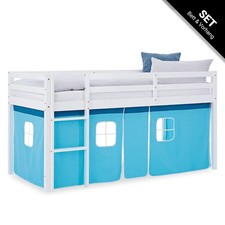 Cadre de Lit superposé 90x200 Lit enfant mezzanine Bois Rideau Bleu Homestyle4u