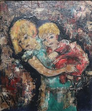 HENRY D'ANTY PEINTURE FILLETTE PORTANT SON PETIT FRERE DANS LES BRAS