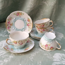 Quatuor Vtg 1890 LIMOGES PORCELAIN China CUP & SAUCER PiNK ROSES Blue SHADING