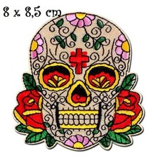 ÉCUSSON PATCH thermocollant, Tête de mort, Crane beige, Fleur rose rouge, 8x8,5