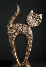 Magnifique sculpture statuette contemporaine Chat  ceramique à patine dorée 22cm