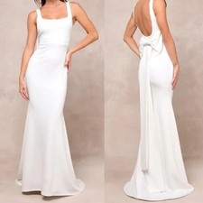 Loving Fate White Bow Square Neck Backless Maxi Dress
