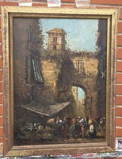 G. GARELLI.  Scène de Marché. Peinture huile sur panneau de bois.  XIXe XXe
