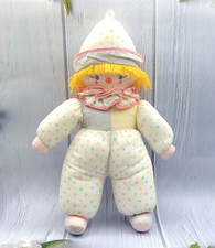 Ancien doudou tissu poupée clown COROLLE bleu jaune étoiles 42 cm Vintage
