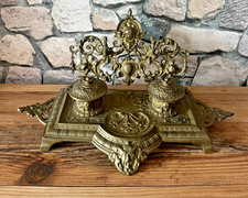 ✨Superbe Encrier Ancien Double en Bronze/Laiton Objet d’Écriture Raffiné