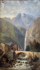 Tableau XIX° HST "Village animé en montagne avec torrent et cascade" pour restau