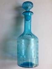 1 ANCIENNE GRANDE CARAFE VERRE SOUFFLÉ MOULÉ GRAVÉ BLEU avec son bouchon XIXÈ