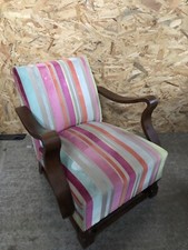 Ancien Fauteuil Bois Accoudoirs Courbés + Tissu Velour Multicolore Vintage