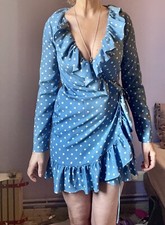 Robe cache cœur point dot froufrous bleu mini T M manches longues