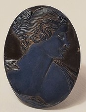 ANCIEN BIJOU BROCHE CAMÉE BAKÉLITE BICOLORE BLEU MARRON PORTRAIT FEMME #P# D4