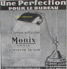 PUBLICITE MONIX LAMPE ARTICULEE PERFECTION POUR LE BUREAU  DE 1929 FRENCH AD PUB