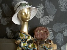 LOT Tête Mannequin + Lunettes + Chapeau + Sac - AUTHENTIQUE  Vintage 1970 TWIGGY