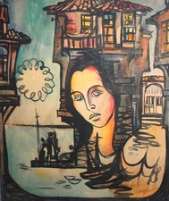 Tableau aquarelle surréaliste vintage portrait paysage urbain