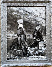 Couple de vieux Corses  - Tableau huile sur bois. 