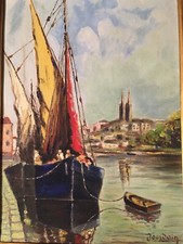 Peinture Huile Sur Panneau Bois Hsp Marine Bateau Jourdain Tableau Signé 1950