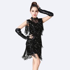 Femme Danse Latine Robes Cha Tango Sequin Gland Brillant Scène Salle de Bal Slim